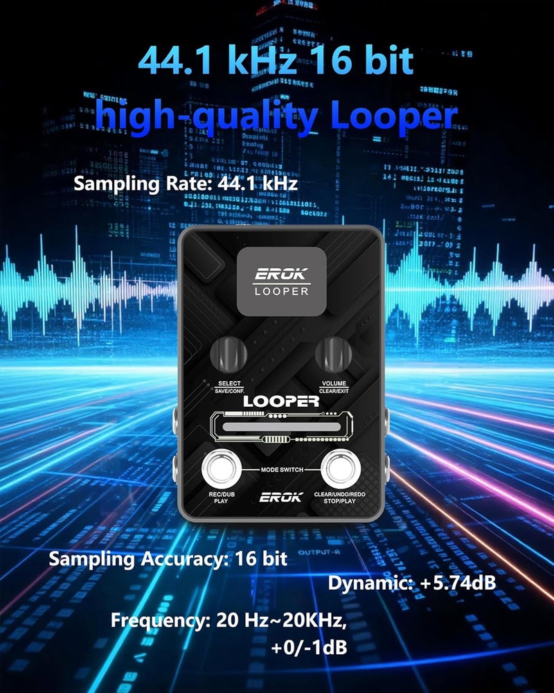 EROK Looper Guitar Pedal, XS-02 Looper Pedal with 40 Slots & 160 Mins Looping Time, LED Progress Light Guitar Loop Pedals with Fade Out, USB Data Transfer for Electric Guitar/Bass (Black) - Image 4